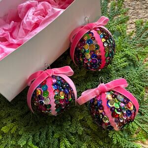 Sequin Ball Christmas Ornaments Multicolored Kaleidoscope Pink Velvet Bow Set/3